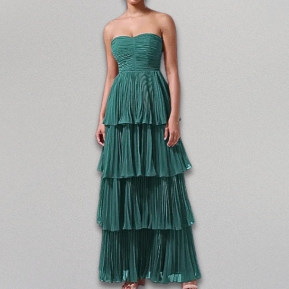 Strapless Maxi Dress Multi-Tiered Pleated Skirt Ruched Bodice Teal Women's US 0 - Picture 1 of 8